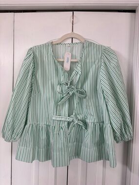 Light Green Striped Tie-Front Peplum Blouse